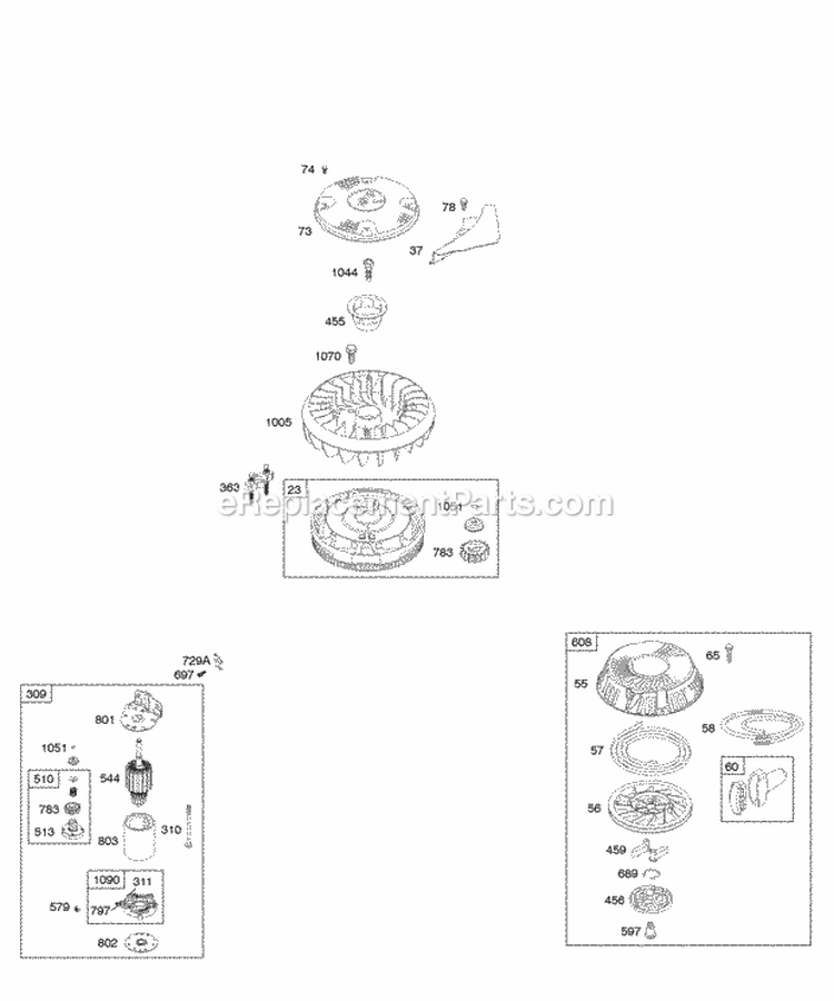 Electric Starter Flywheel Rewind Starter Diagram and Parts List for 214707-0114-E1  Briggs and Stratton Engine